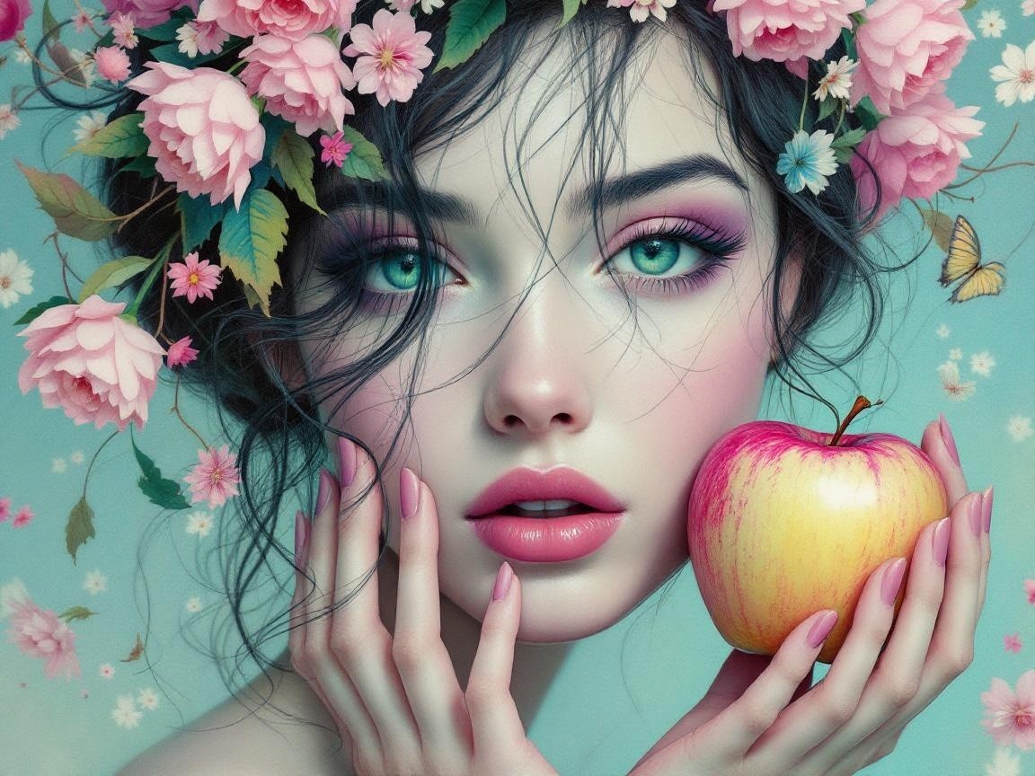 Young Woman with Green Eyes Holding a Shiny Apple