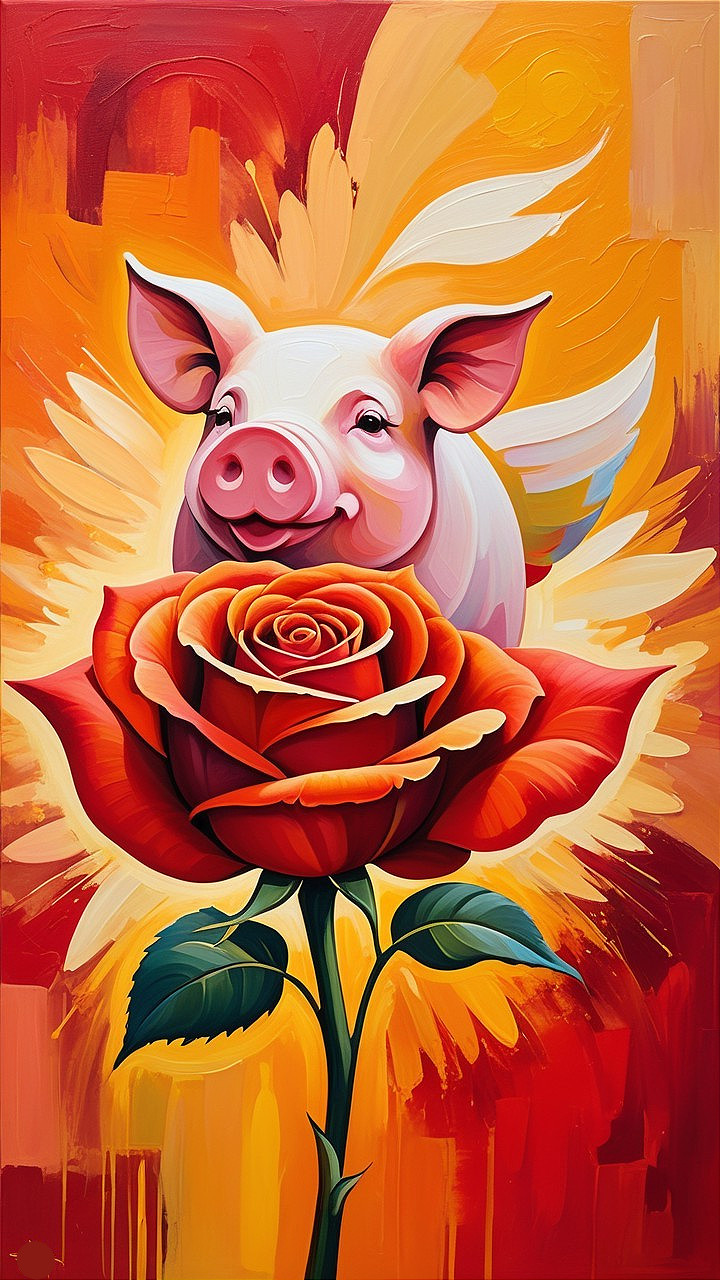 Whimsical Pig with Wings on a Red Rose Background