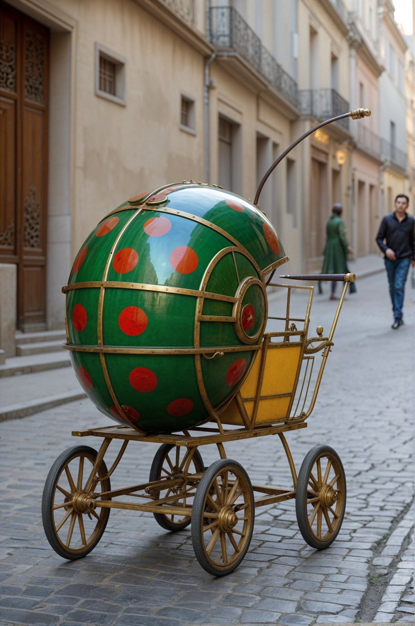 Oversized Green Polka Dot Sphere on Vintage Cart