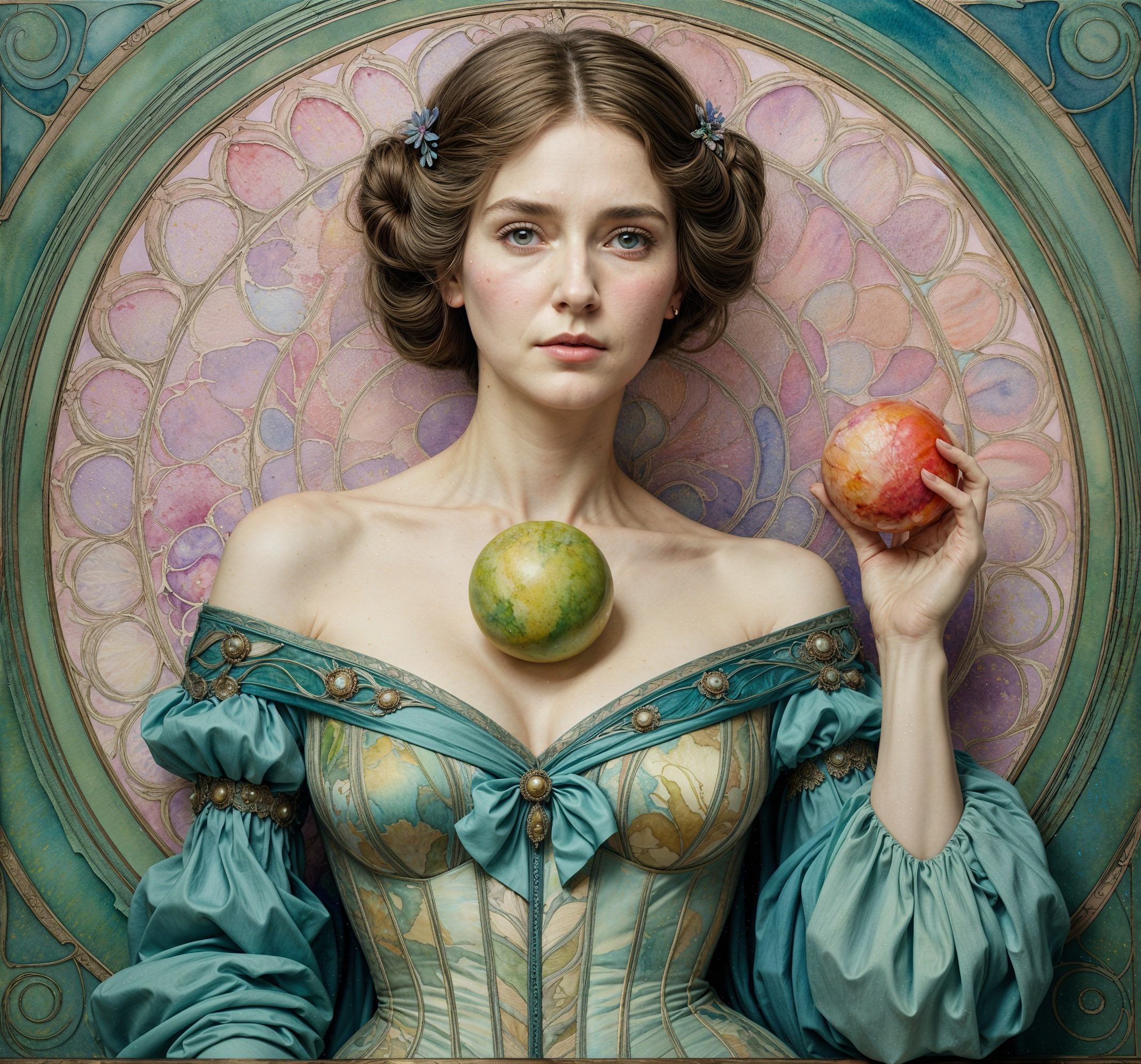 Elegant Woman in Vintage Attire with Apples