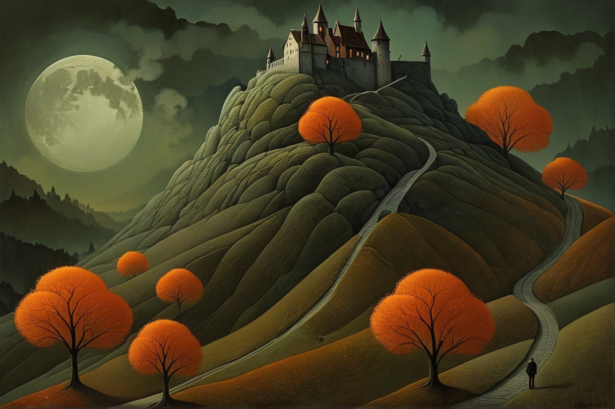 Winding Path to a Castle Under a Full Moon