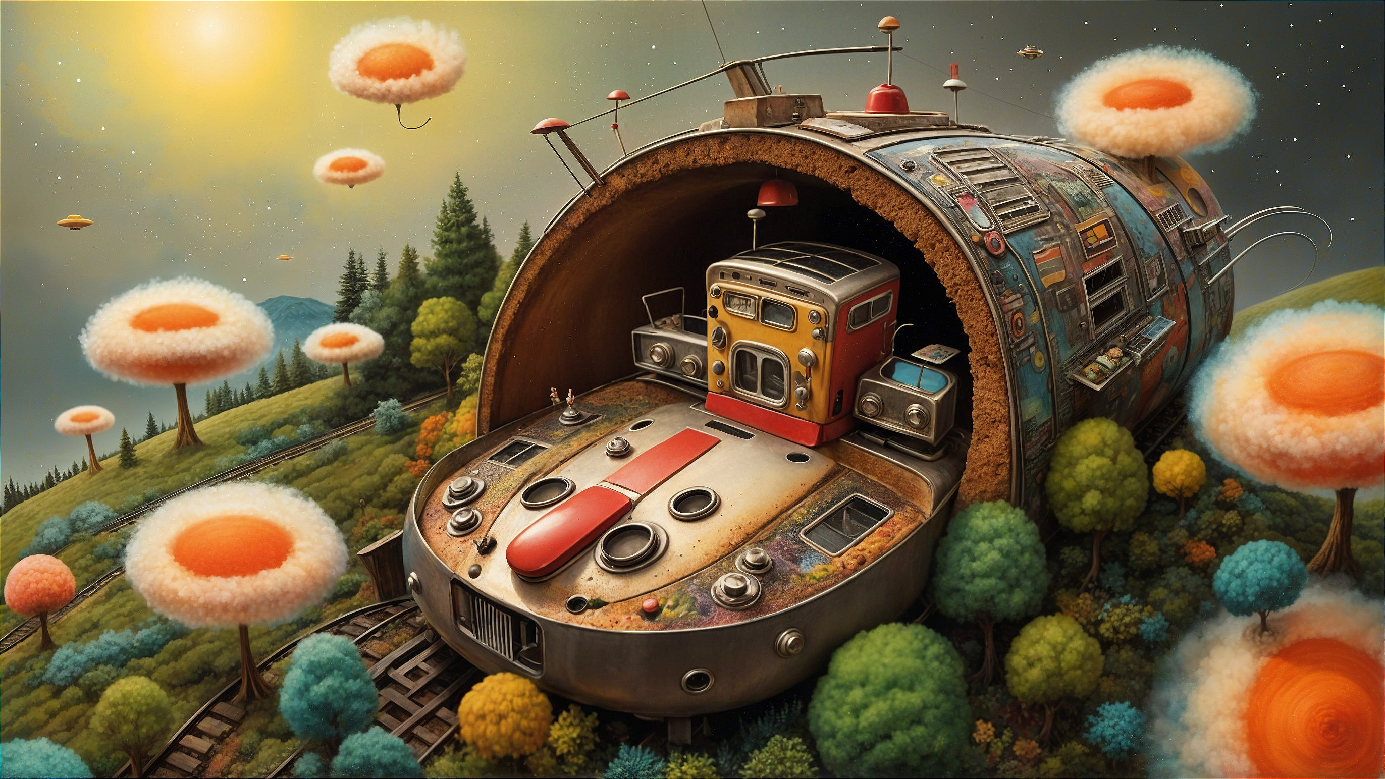 Surreal Landscape with Tunnel-Like Train Structure