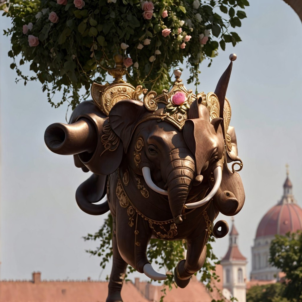 Intricate Elephant Sculpture Surrounded by Lush Greenery
