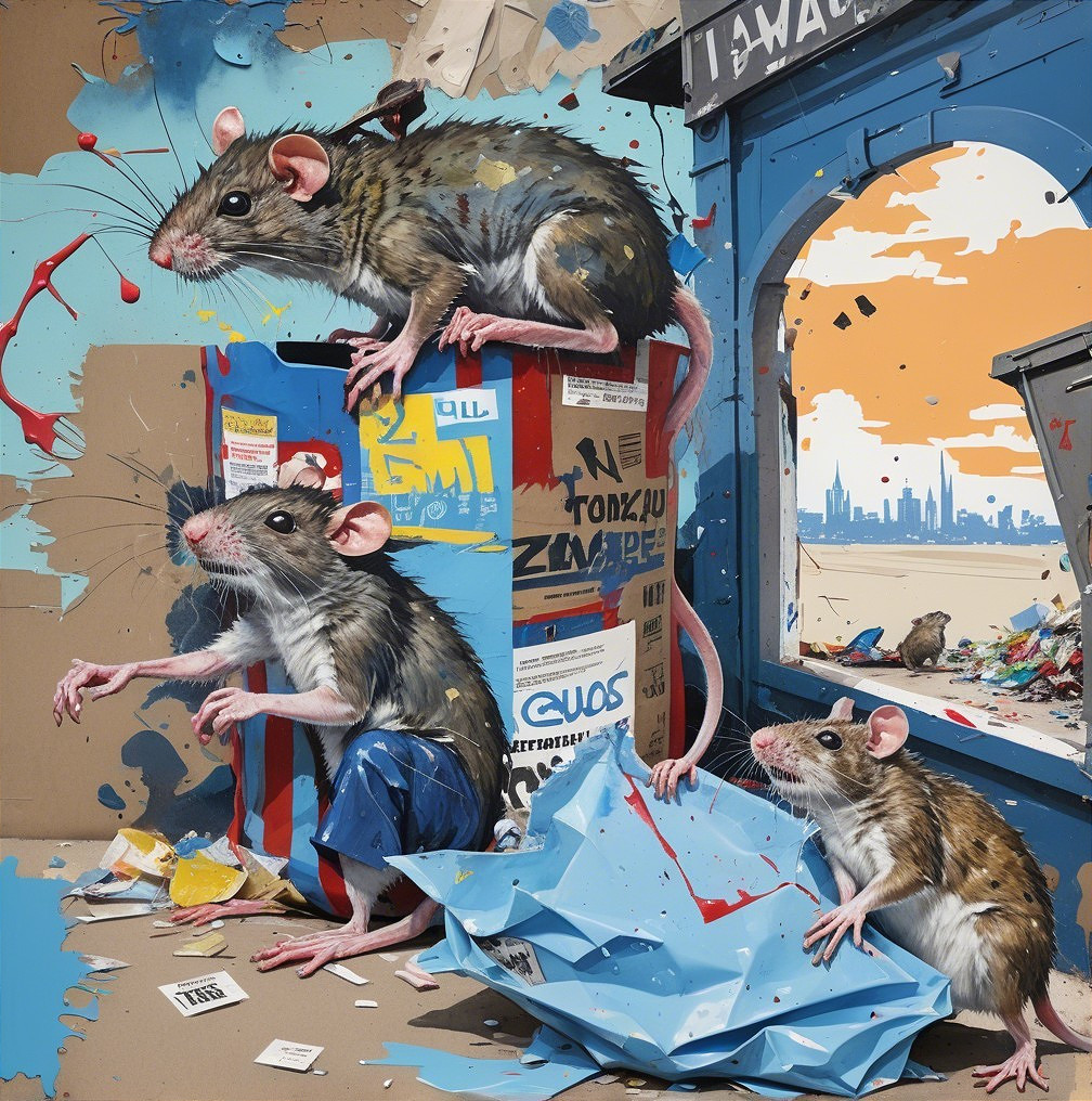 Detailed Rats Playing in Colorful Urban Debris