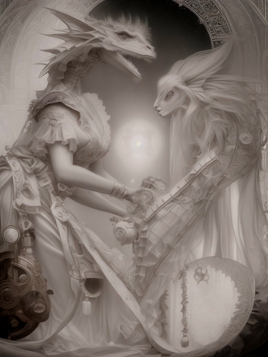 Dragon and Anthropomorphic Figure in Ethereal Setting