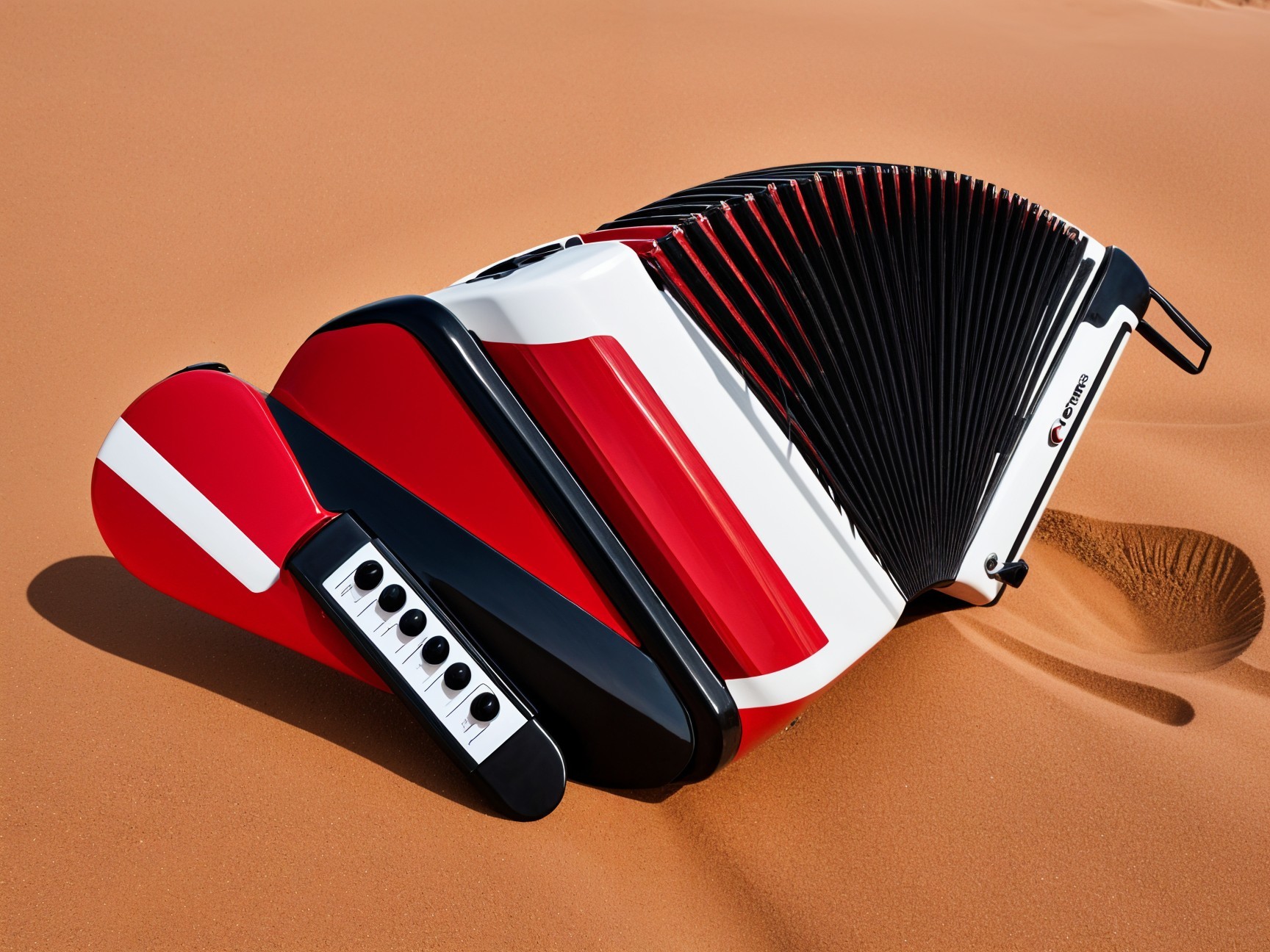 Red and black accordion in golden sand dunes