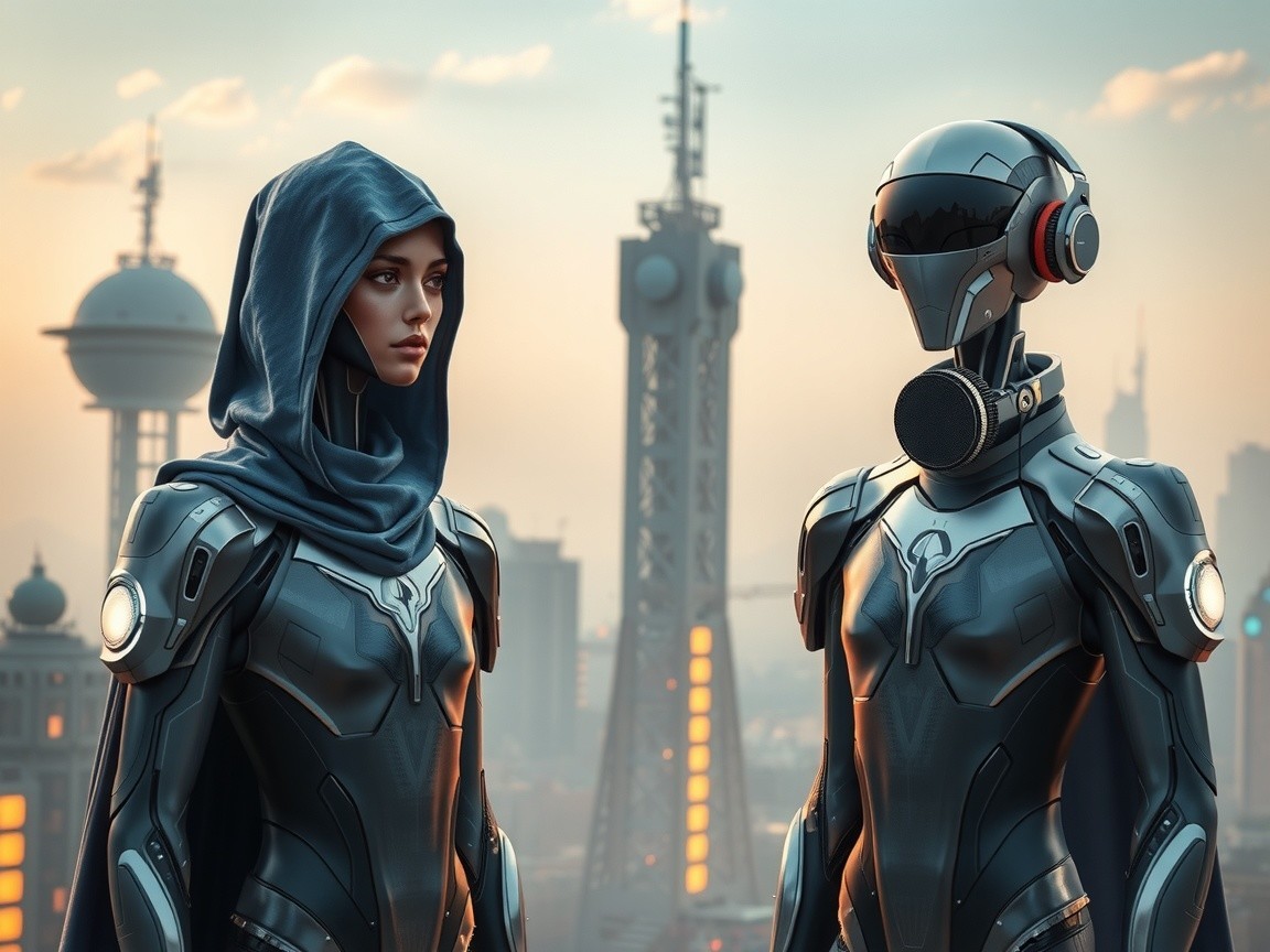 Futuristic Cityscape with Robot and High-Tech Woman