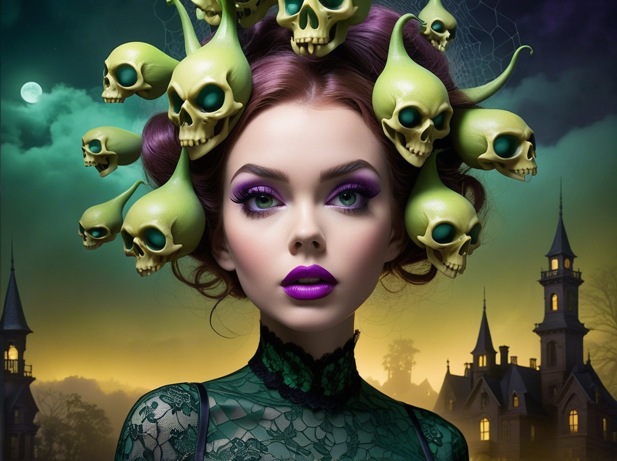 Gothic Woman with Purple Lips and Skull-Adorned Hair