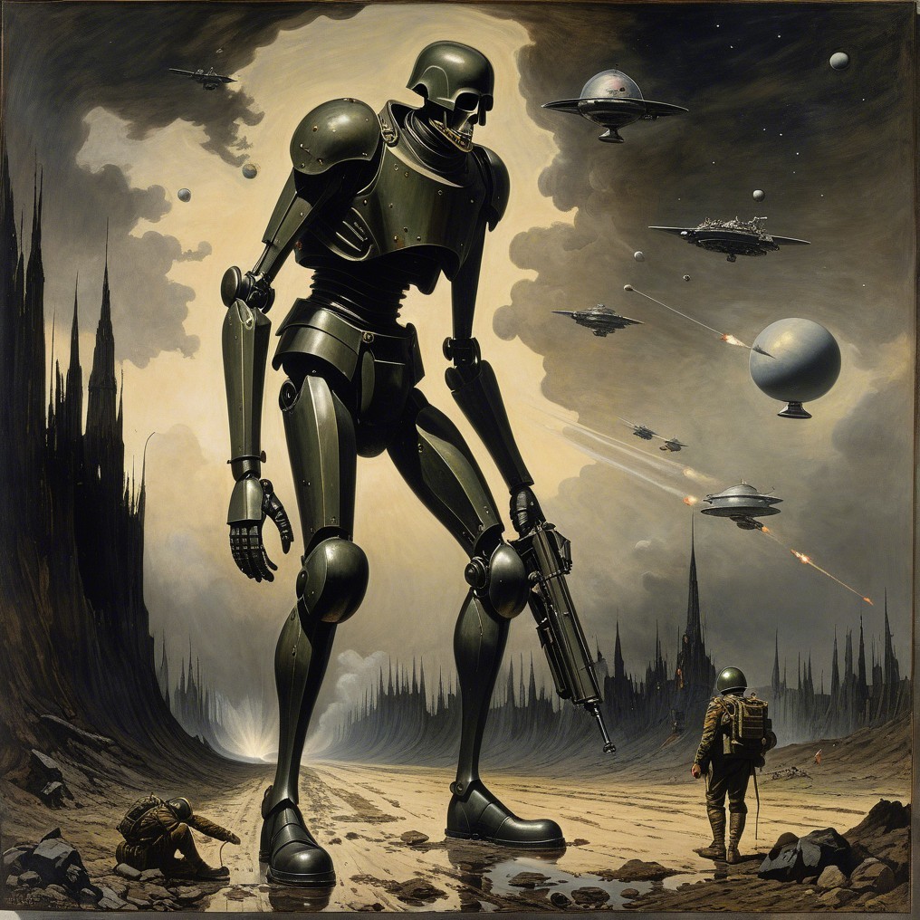 Robotic Figure in Ominous Sci-Fi Landscape