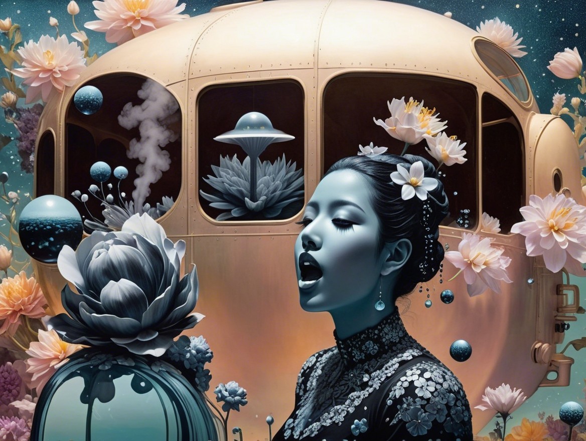 Surreal Scene of Woman with Flowers and Spaceship