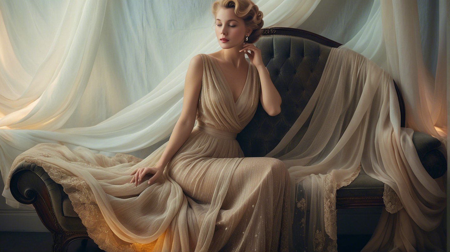 Elegant Woman in Champagne Gown on Vintage Sofa