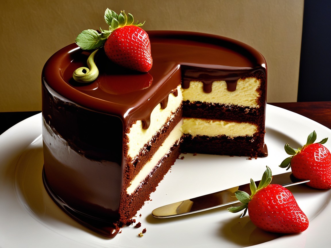 Decadent chocolate cake with strawberries and icing