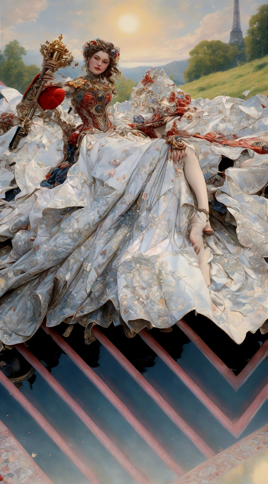 Aristocratic Woman in Elaborate Gown and Crowned Scepter