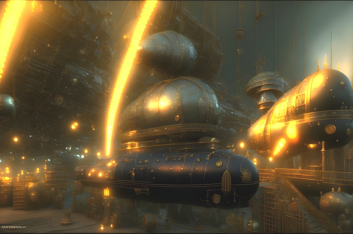 Futuristic Steampunk Cityscape with Airships and Lights