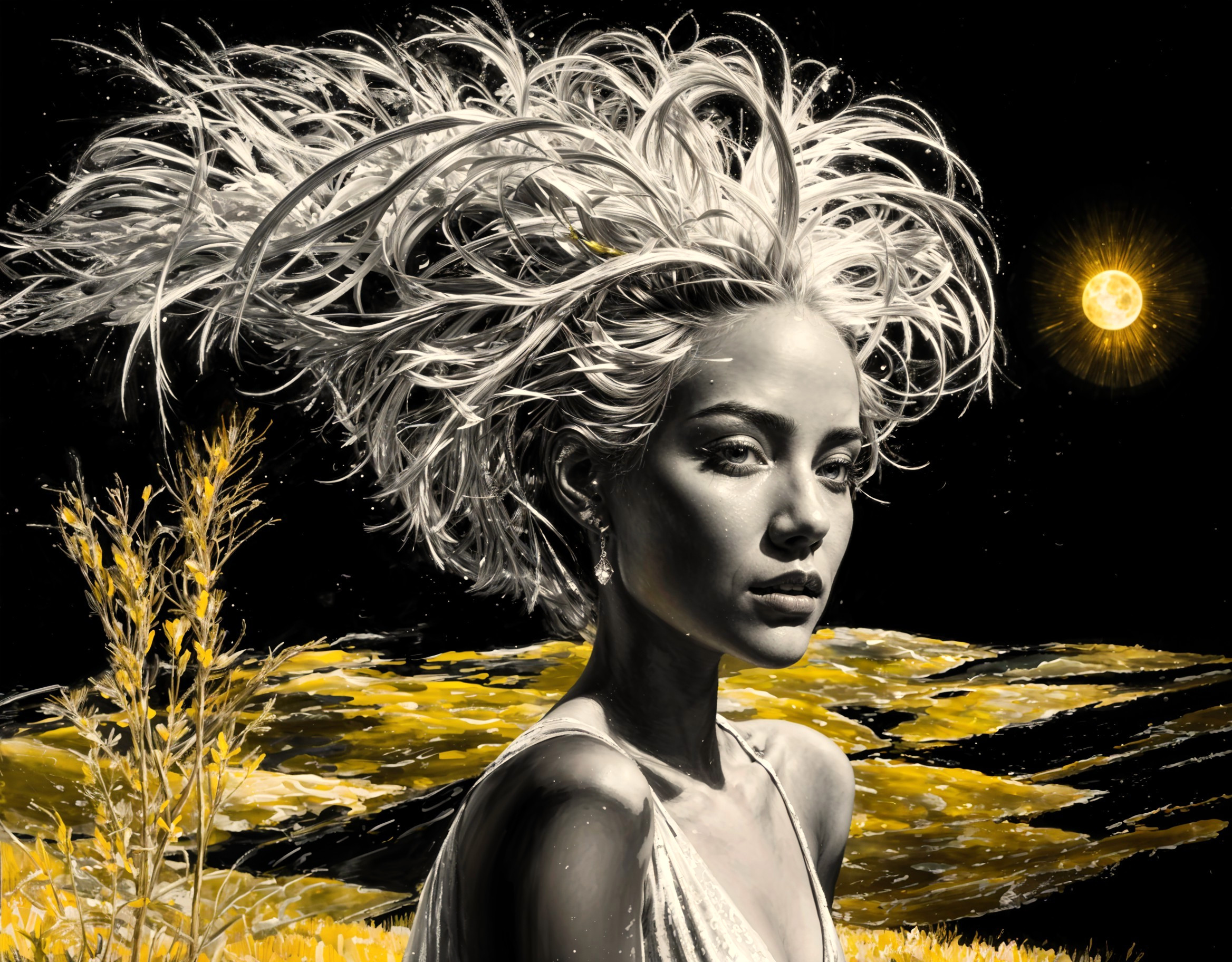 Monochrome Portrait of Woman in Surreal Landscape