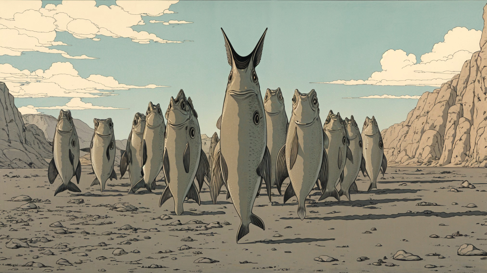 Fish Walking Upright in a Barren Landscape Scene