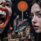 Surreal Scene of Girl and Menacing Clown with Balloon