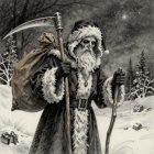 Stern-faced figure in snowy forest with wooden staffs