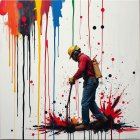 Figure in Red Shirt Surrounded by Colorful Paint Splatter