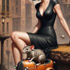 Vintage Scene of Glamorous Woman with Quirky Figures