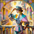 Elegant Woman in Colorful Stylized Setting with Skulls