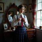 Fair-skinned woman with red hair and painted hands