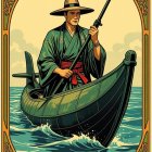 Heroic figure in cape navigating boat with glowing sword