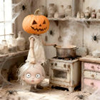 Vintage Kitchen with Woman in Pale Pink Gown and Pumpkin