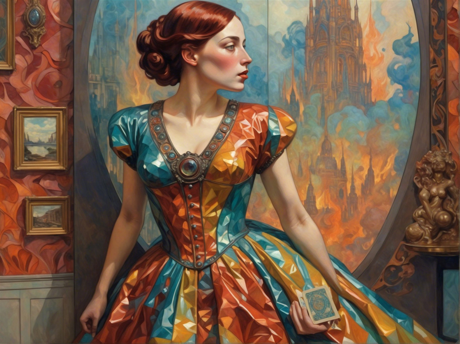 Woman in Vibrant Geometric Dress with Artistic Backdrop