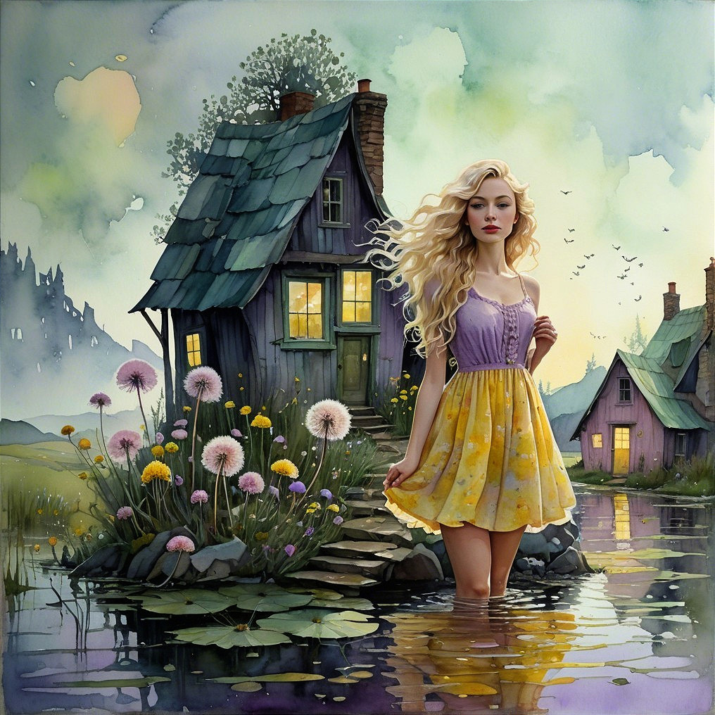 Whimsical Scene of Woman in Water with Cottage Background