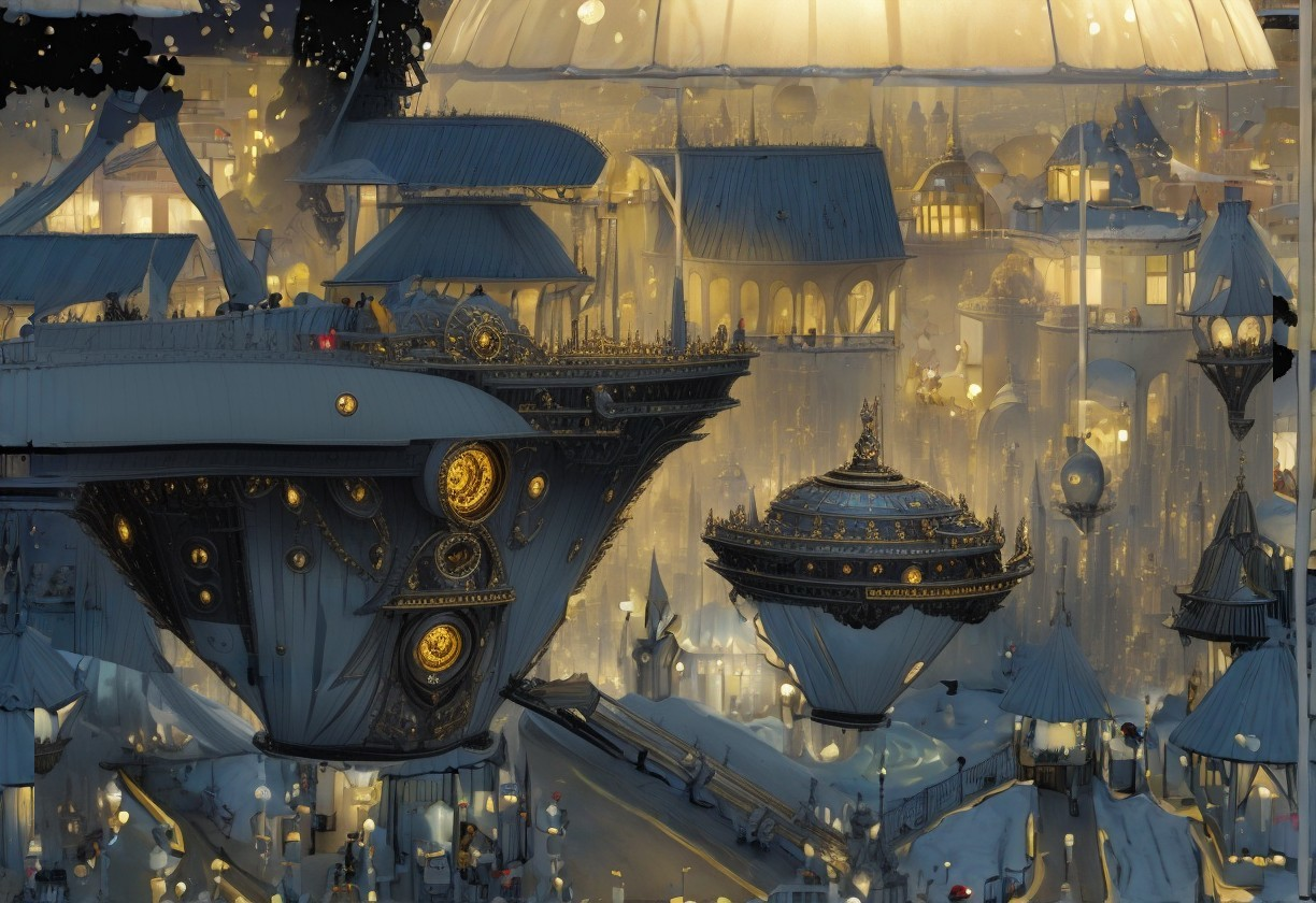 Intricate Steampunk Cityscape with Airships at Dusk