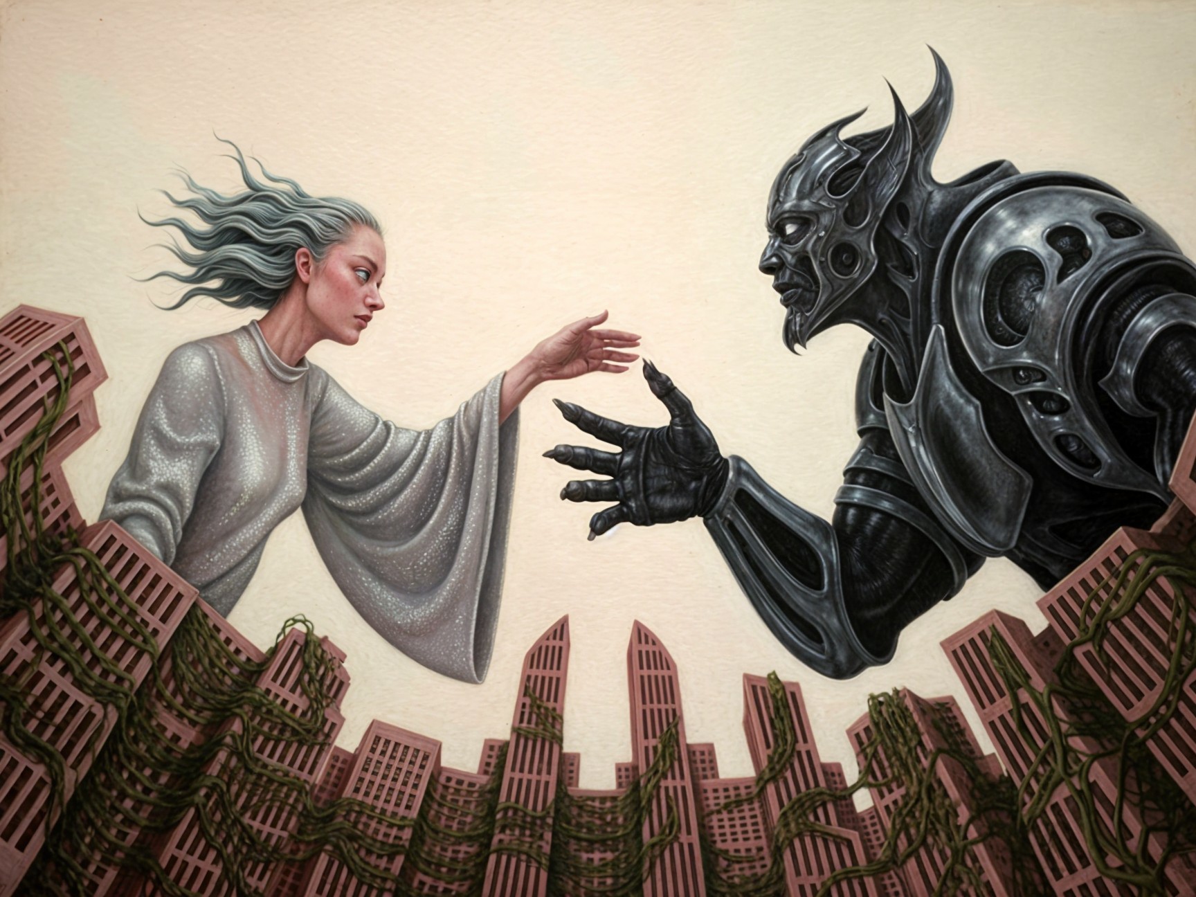 Surreal Dystopian Scene of Connection and Conflict