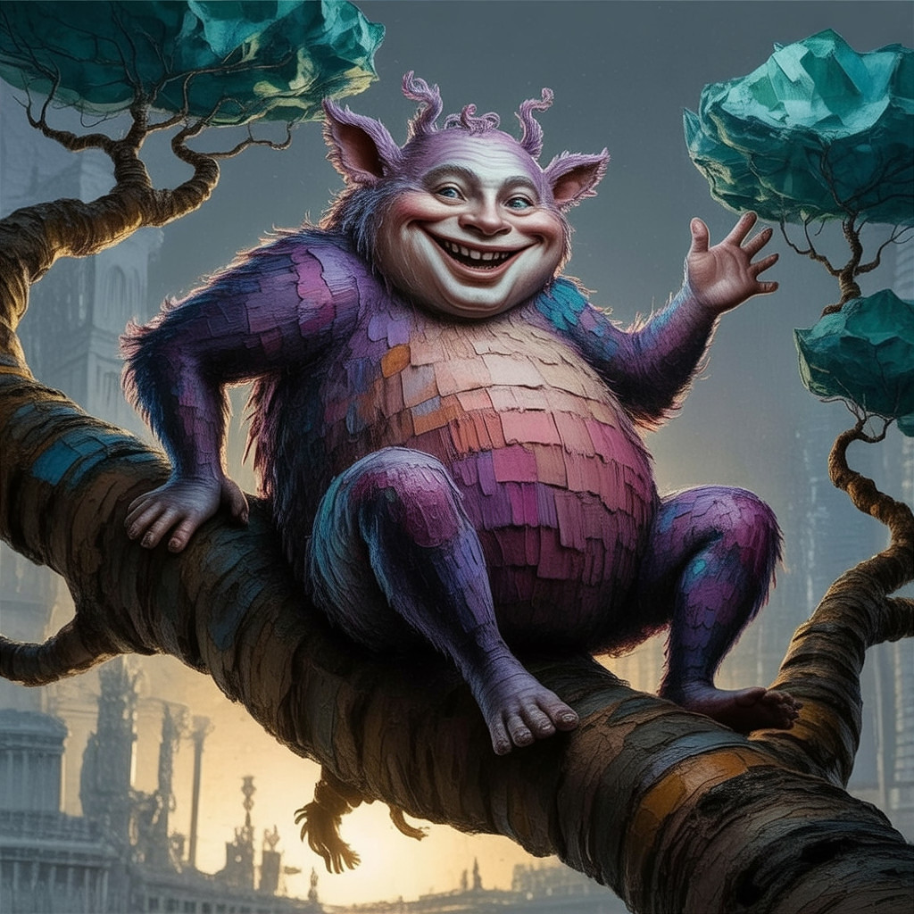 Purple Fluffy Creature on Tree Branch at Dusk