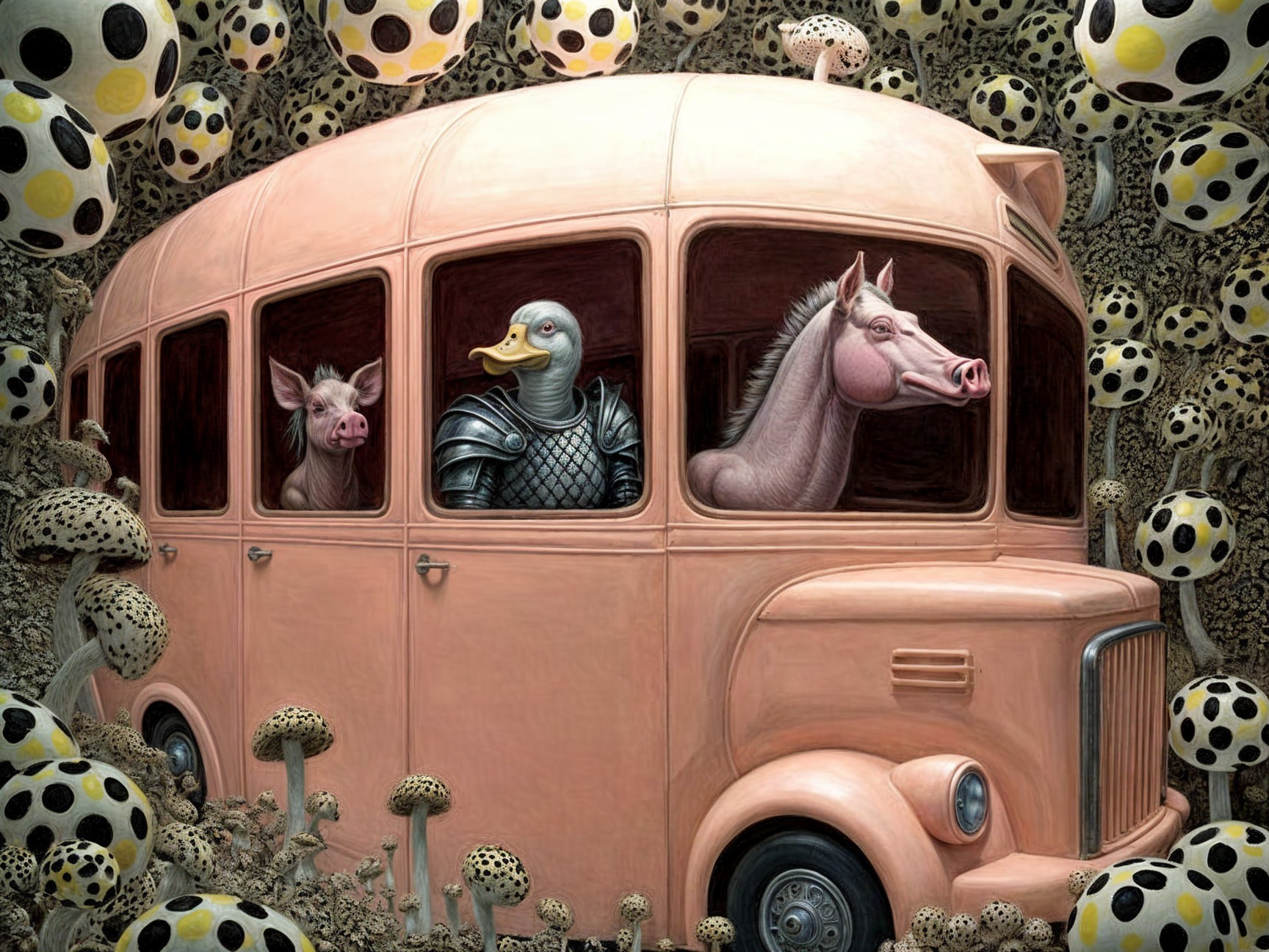 Whimsical Scene with Pink Bus and Armored Animals