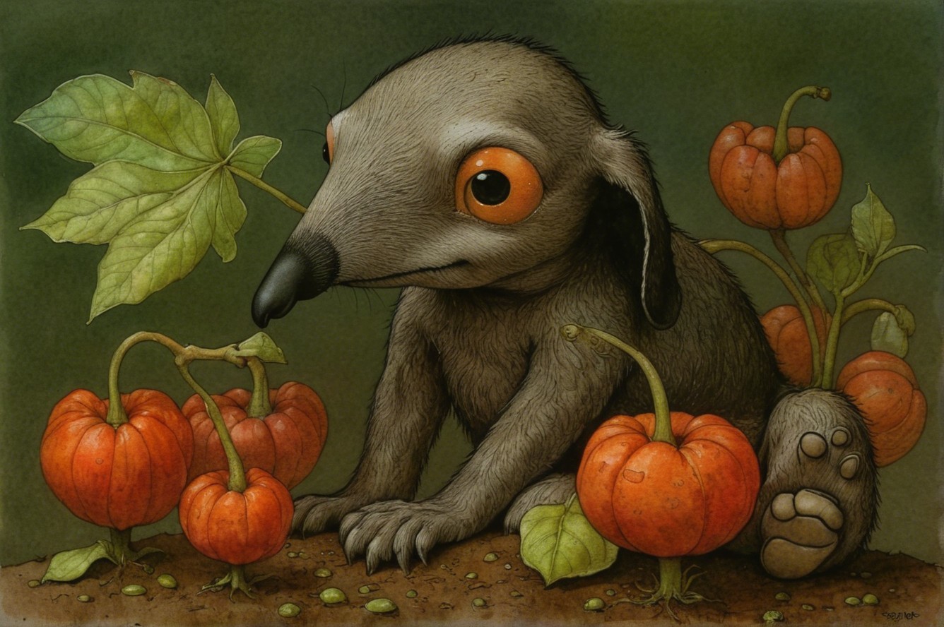 Whimsical Creature Among Vibrant Autumn Pumpkins