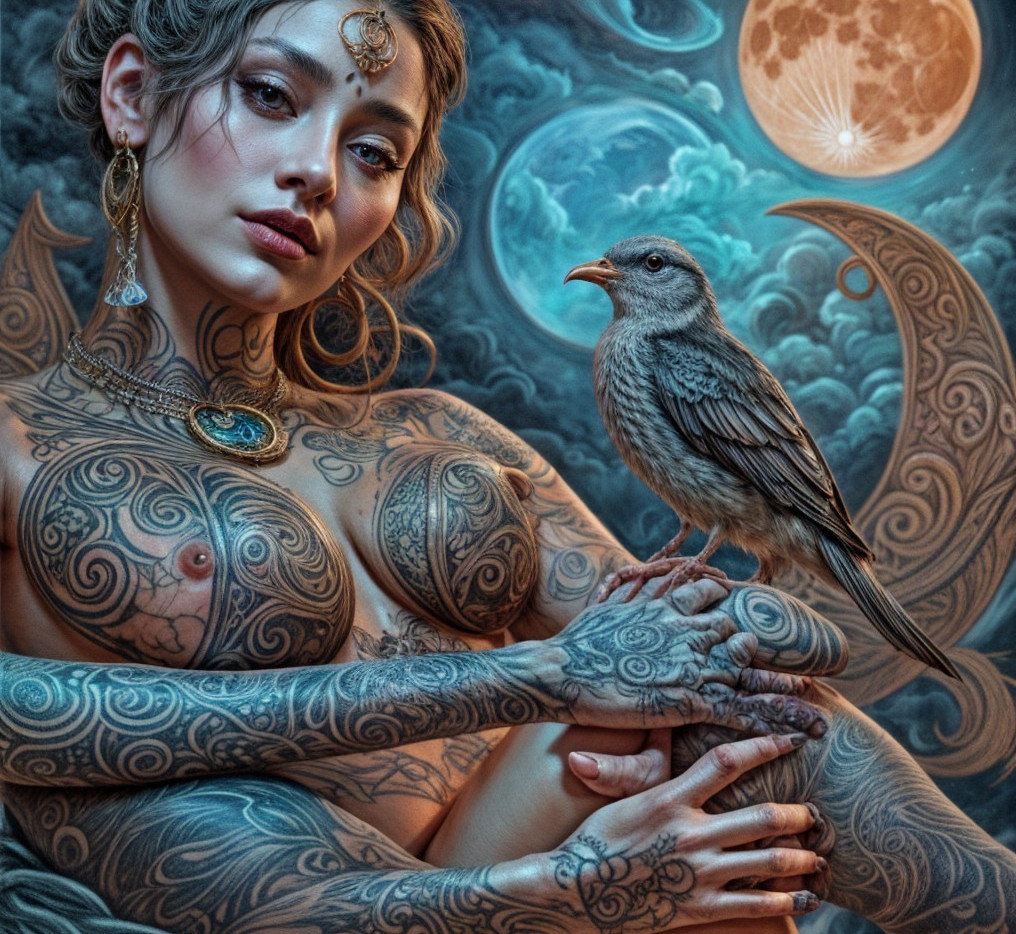 Tattooed Figure with Bird Against Moonlit Clouds