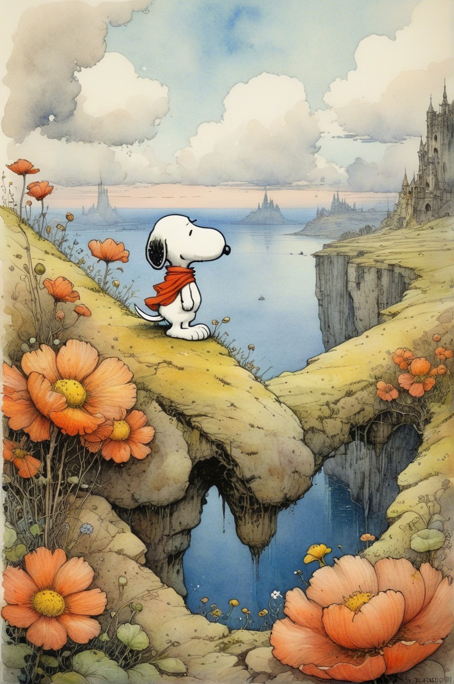 Whimsical Landscape with Dog and Surreal Castles