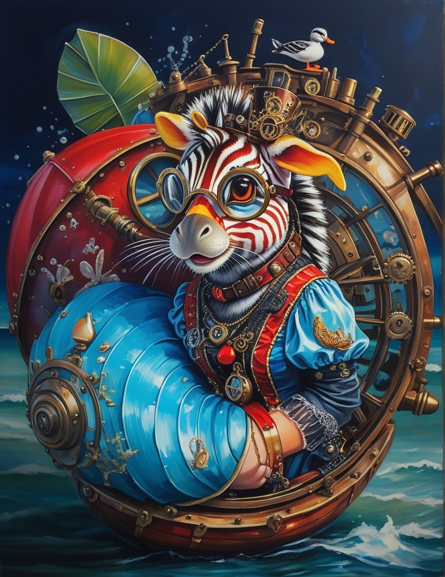Whimsical Zebra in Steampunk Submarine Artwork