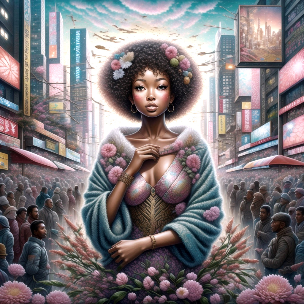 Futuristic cityscape with a confident woman in flowers