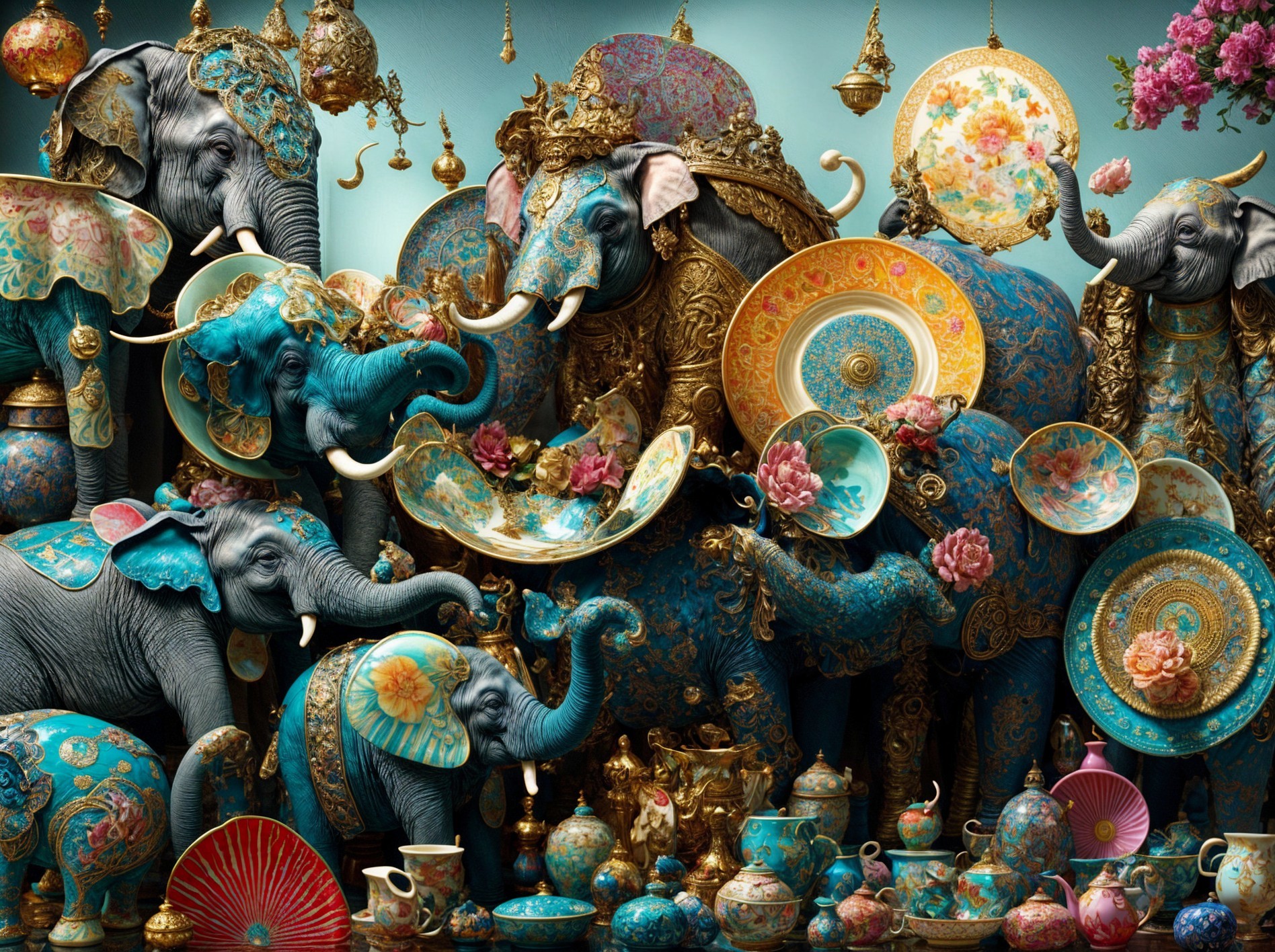 Colorful Elephants with Ornate Patterns and Porcelain Dishes