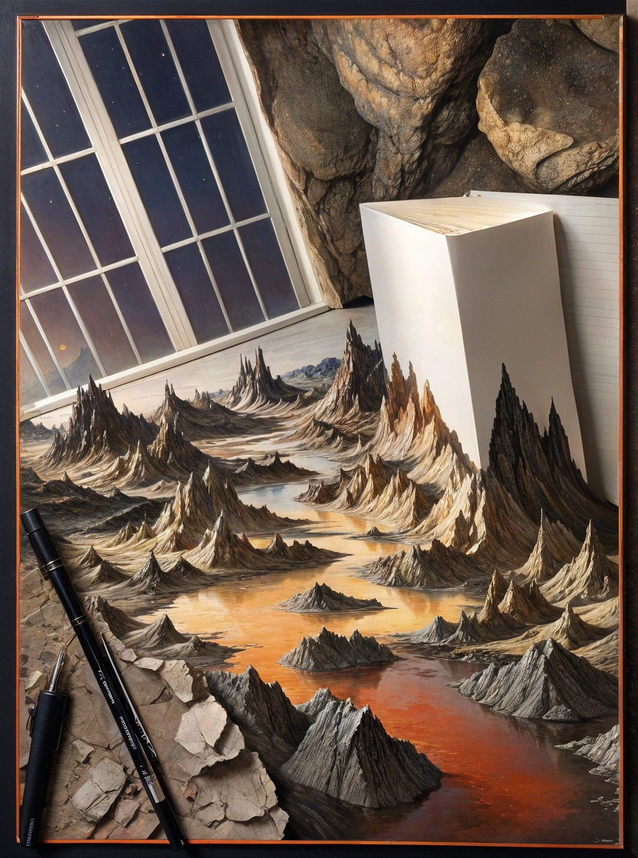 3D Artwork of Surreal Landscape with Art Supplies