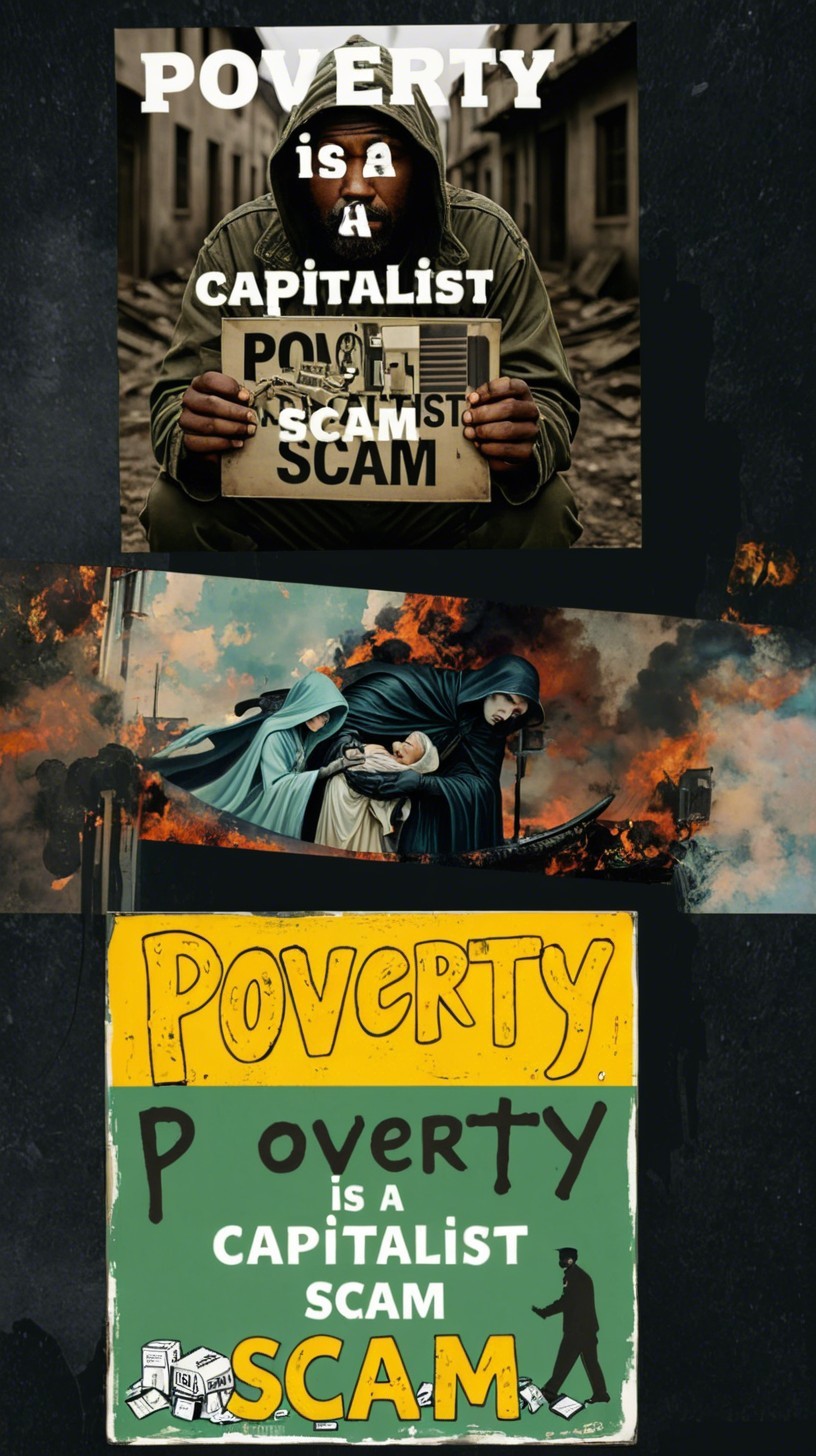 Three-panel depiction of poverty and capitalism themes