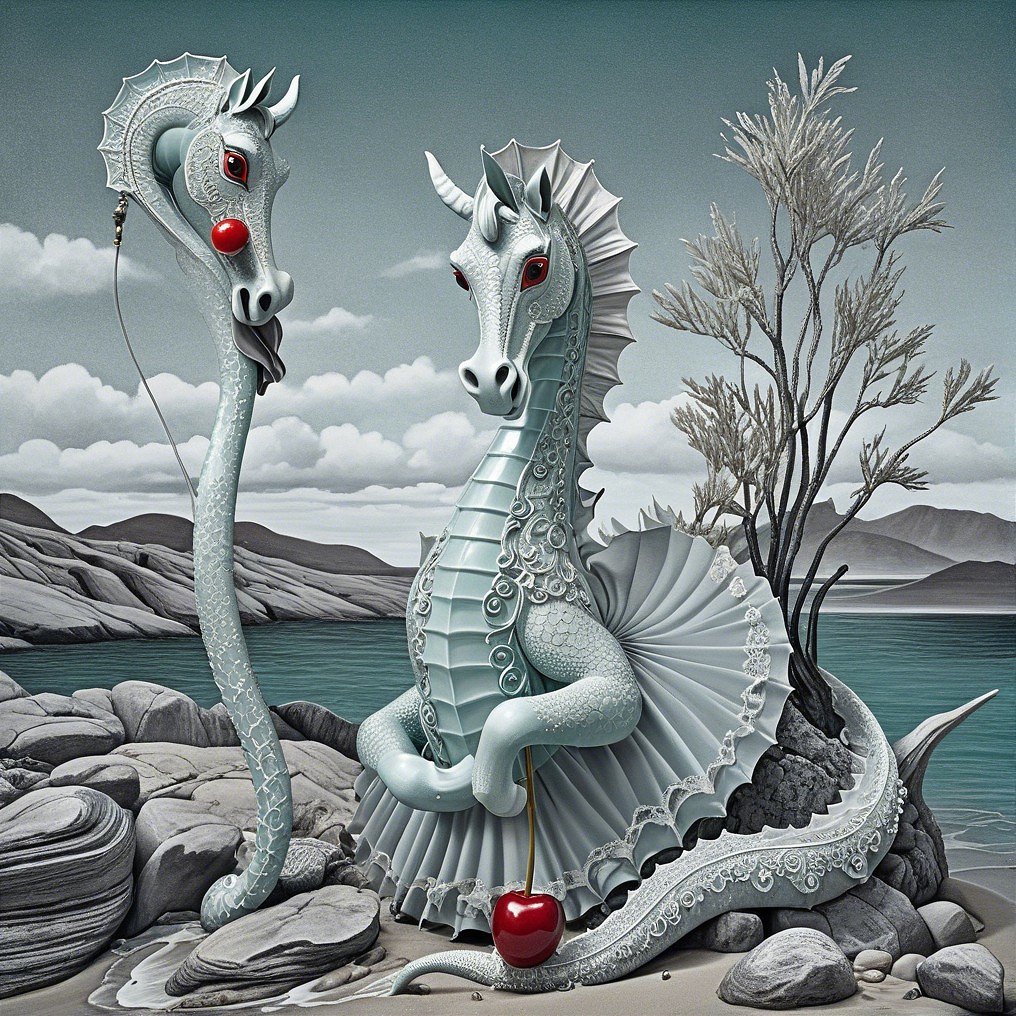 Whimsical Seahorse Creatures by Serene Water Scene