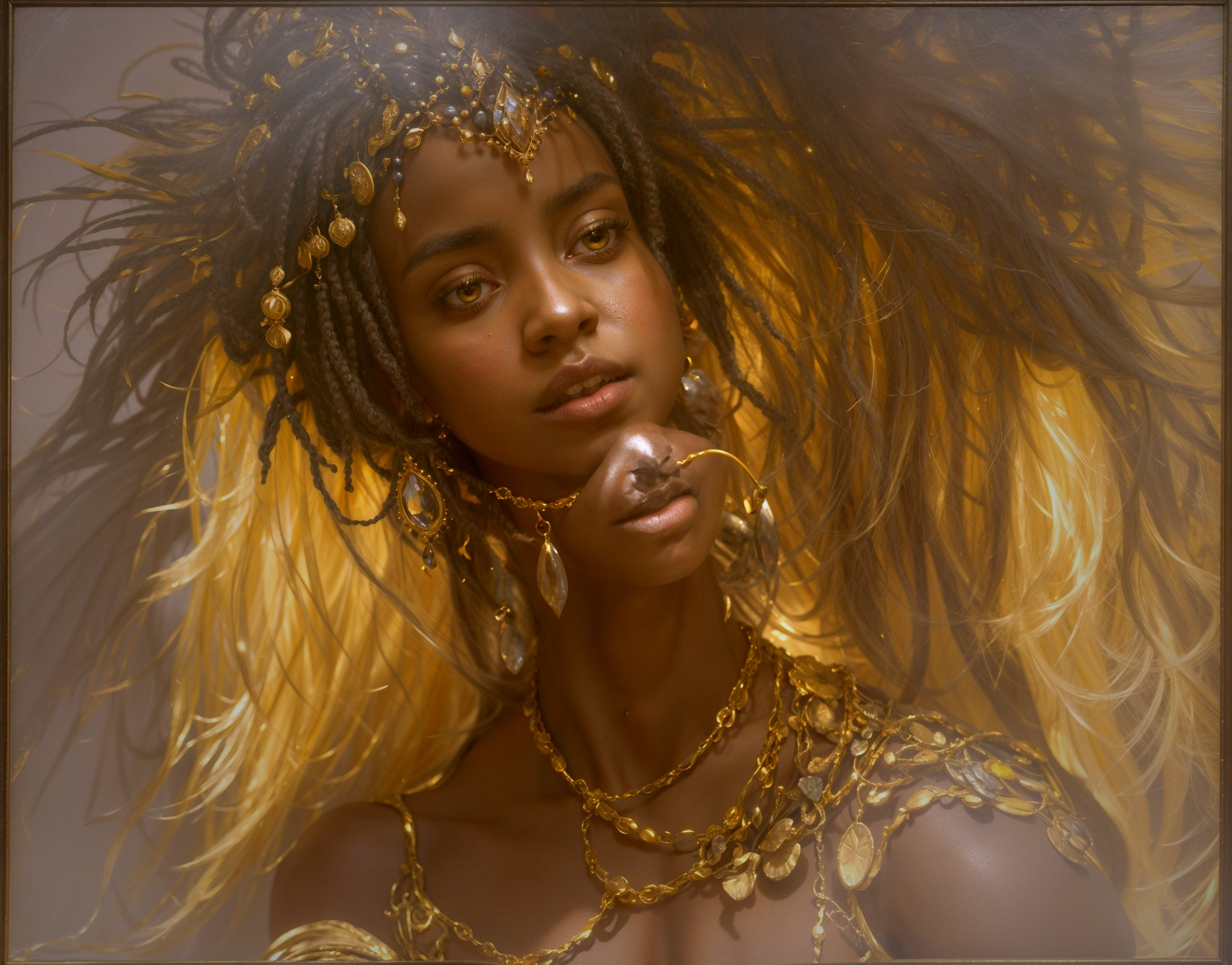 Portrait of a woman with golden jewelry and braided hair