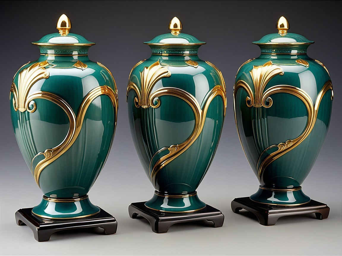Elegant Teal Ceramic Vases with Gold Leaf Detailing