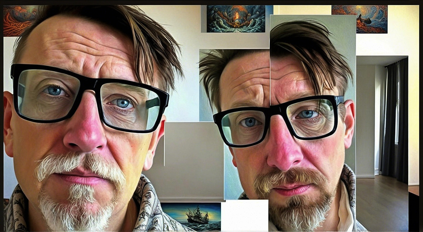 Man with glasses and beard in abstract interior setting
