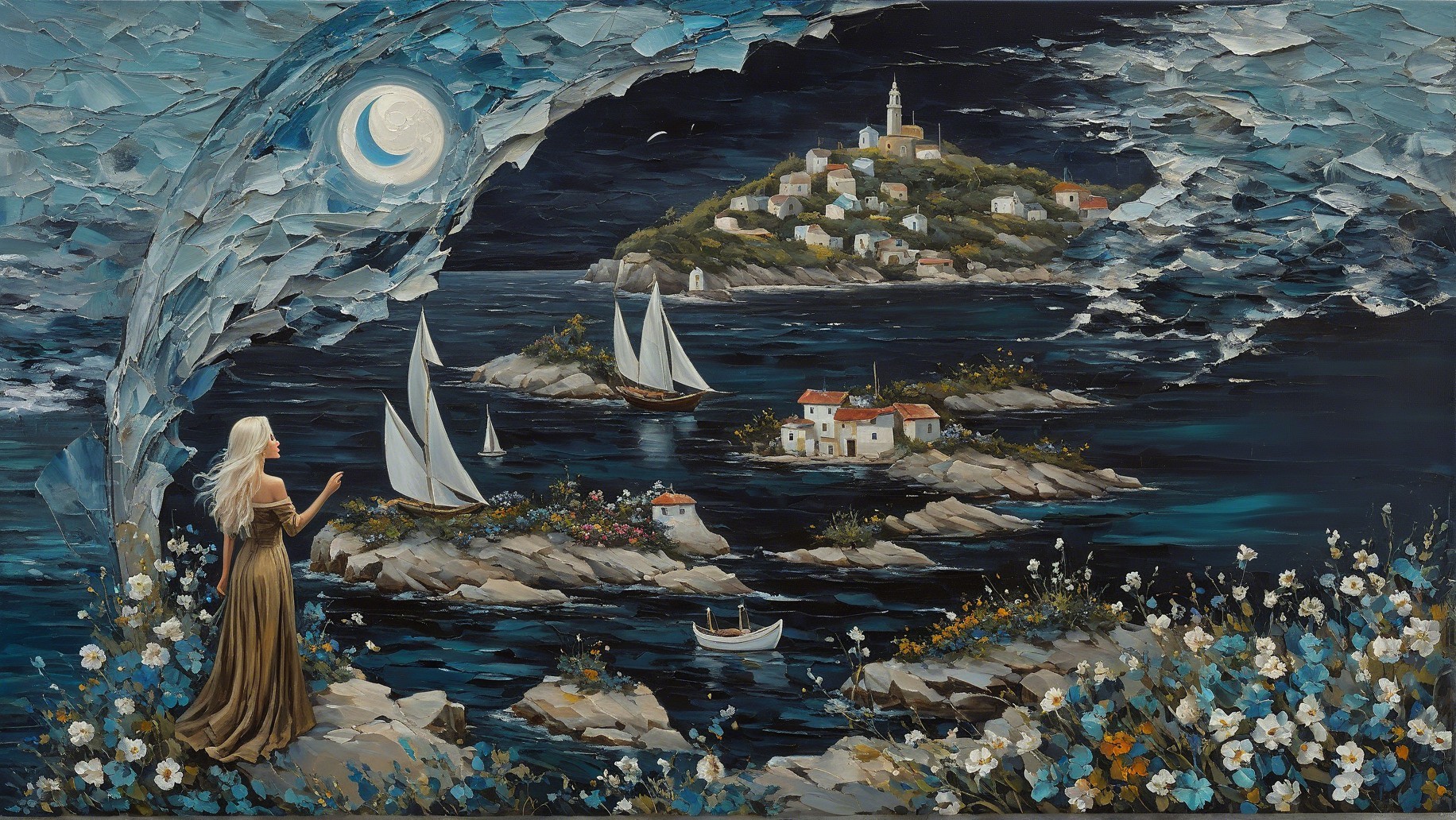Serene Night Scene of Woman by Moonlit Shore