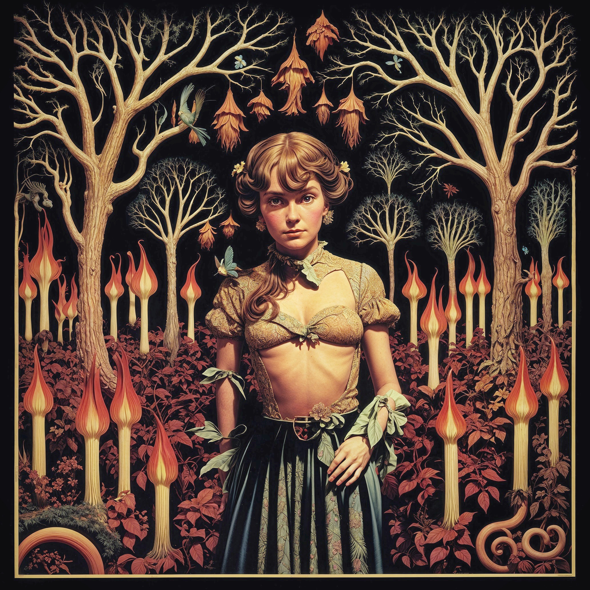 Mystical Forest Scene with Glowing Flowers and Butterflies