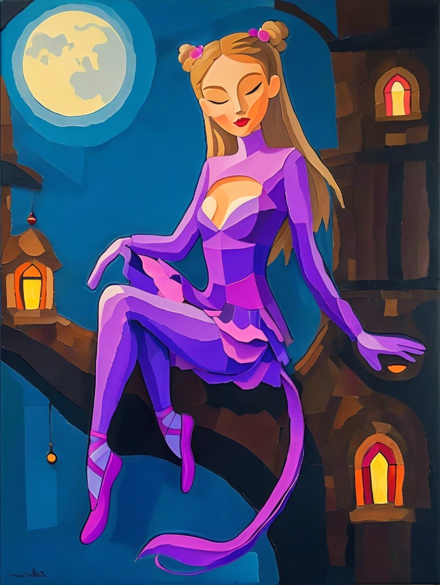 Whimsical Figure on Tree Branch Under Moonlit Night