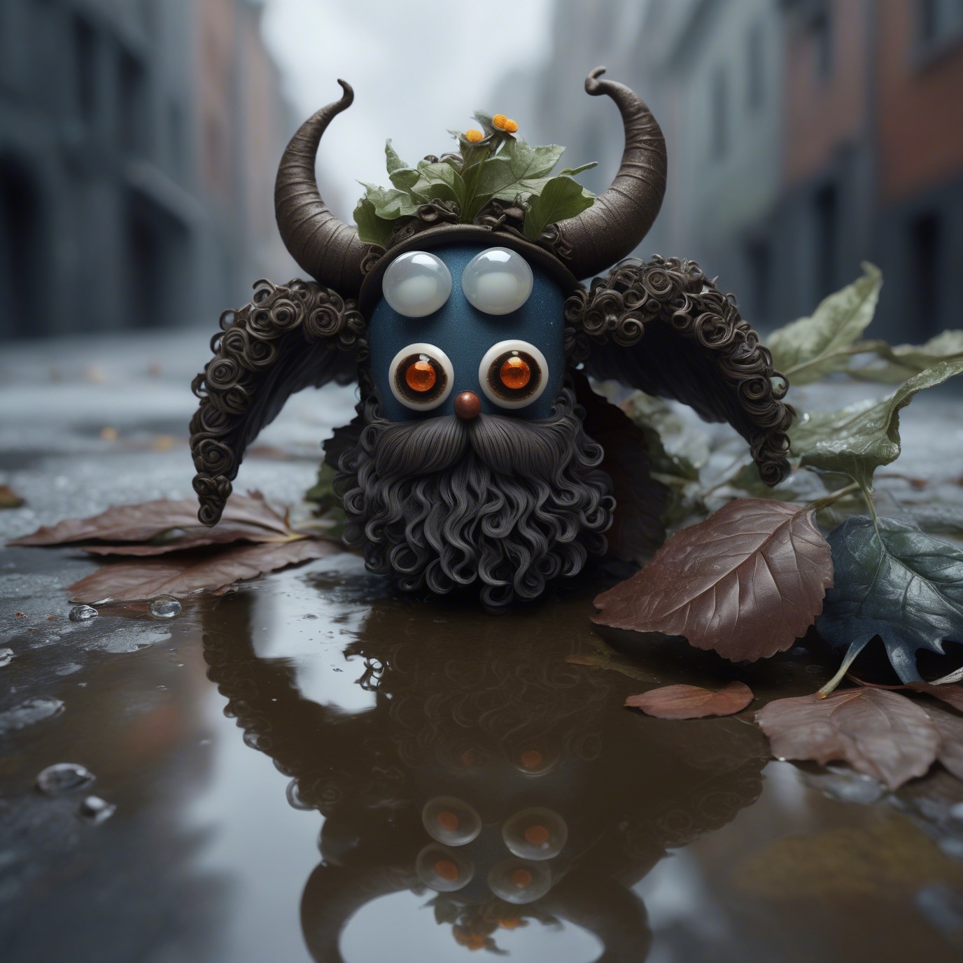 Claymation Creature with Horns and Foliage Reflection